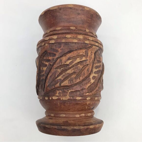 Wood Hand Carved Brown Turned Pedestal  Vase - Picture 2 of 15